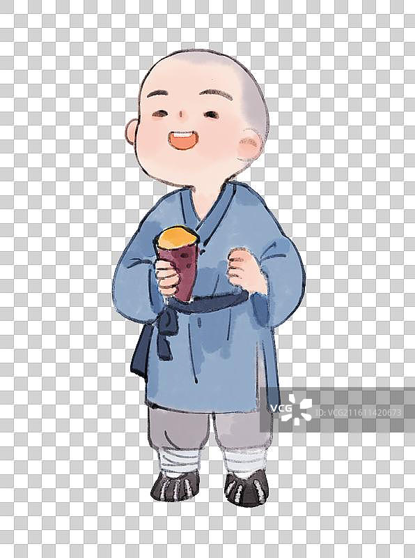 抬头快乐拿着烤红薯小和尚图片素材