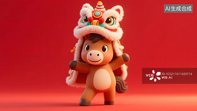 【AI数字艺术】新年小马戴舞狮头套欢跃起舞图片素材