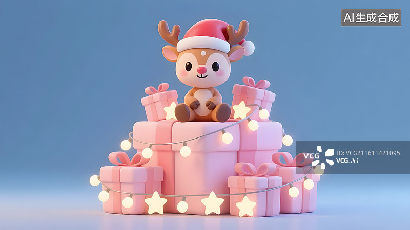 【AI数字艺术】可爱驯鹿在礼物堆中展现童趣节庆气息图片素材