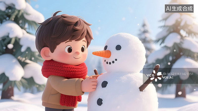 【AI数字艺术】冬日小孩为雪人插上胡萝卜鼻子图片素材