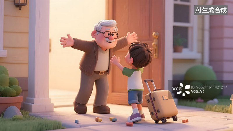 【AI数字艺术】老家门口爷爷奶奶迎接孙辈重逢图片素材