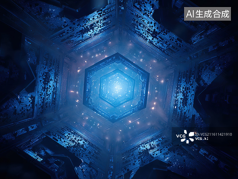 【AI数字艺术】蓝色六边形光晕空间图片素材