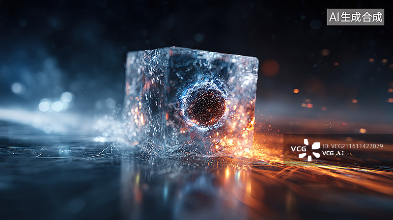 【AI数字艺术】冰立方体中的能量爆发图片素材