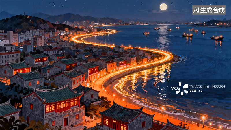 【AI数字艺术】夜景海滨城市灯火辉煌图片素材