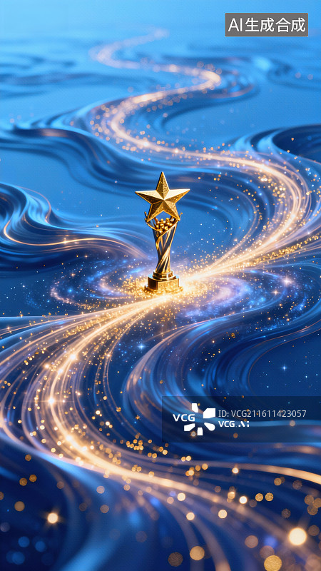 【AI数字艺术】金色奖杯在星辉波纹中闪耀图片素材