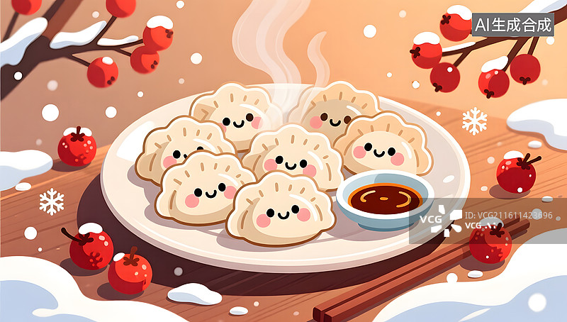 【AI数字艺术】冬至热气腾腾饺子插画图片素材