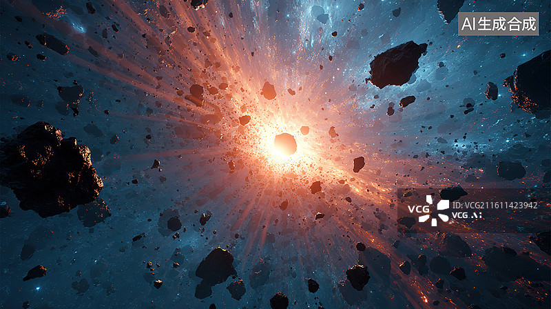 【AI数字艺术】宇宙星云与陨石环绕的恒星图片素材
