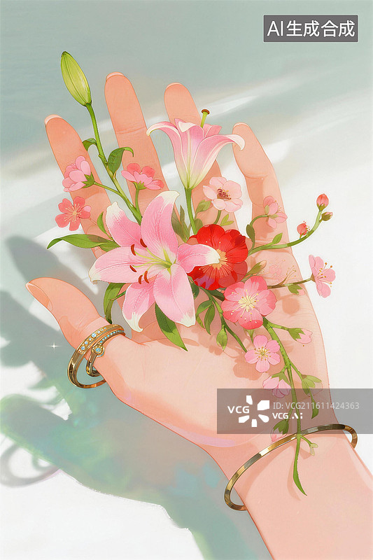【AI数字艺术】唯美水彩鲜花手部装饰插画图片素材