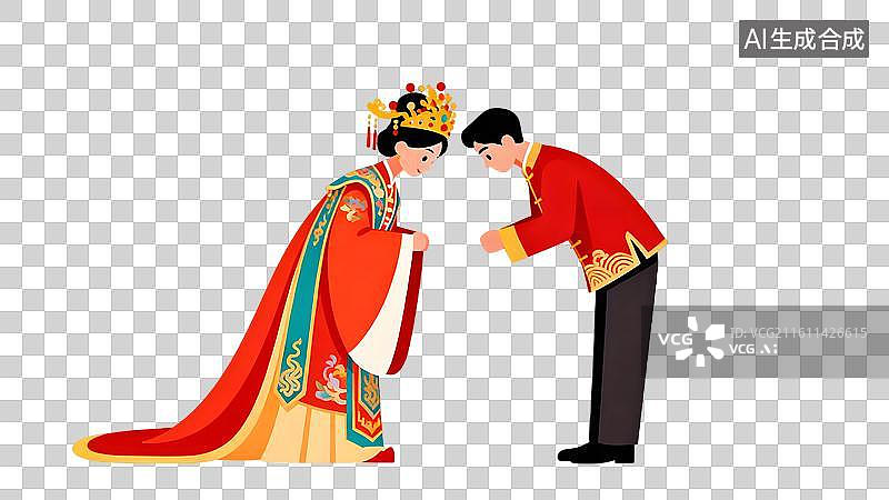 【AI数字艺术】传统中式婚礼人偶 喜庆红嫁衣新郎新娘   3D穿中式服装的新婚夫妇，夫妻对拜图片素材
