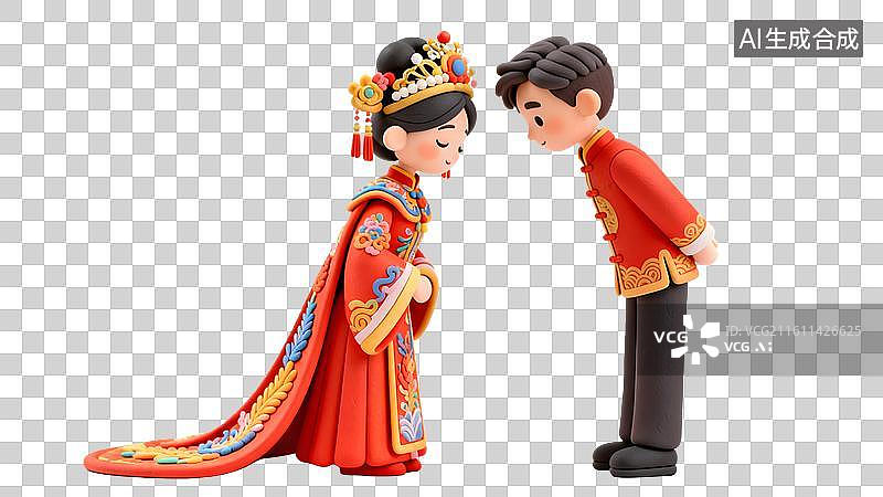 【AI数字艺术】传统中式婚礼人偶 喜庆红嫁衣新郎新娘   3D穿中式服装的新婚夫妇，夫妻对拜图片素材
