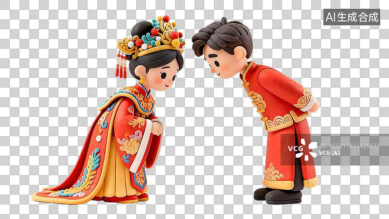 【AI数字艺术】传统中式婚礼人偶 喜庆红嫁衣新郎新娘   3D穿中式服装的新婚夫妇，夫妻对拜图片素材