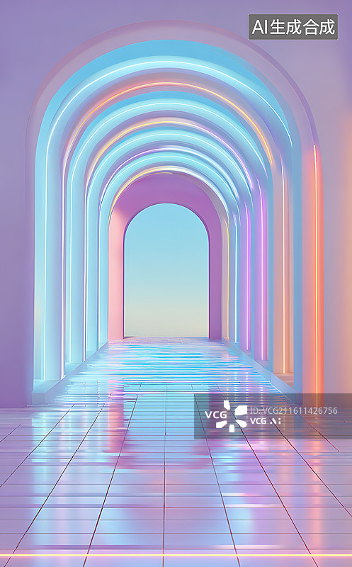 【AI数字艺术】霓虹拱廊通道图片素材