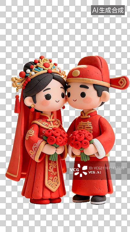 【AI数字艺术】中式婚礼卡通新人 喜庆红妆婚庆   3D穿中式服装的新婚夫妇图片素材
