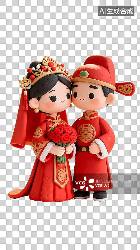【AI数字艺术】中式婚礼卡通新人 喜庆红妆婚庆   3D穿中式服装的新婚夫妇图片素材