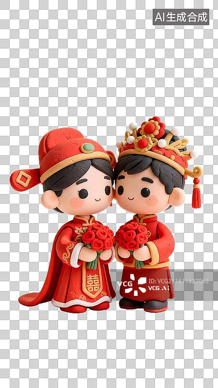 【AI数字艺术】中式婚礼卡通新人 喜庆红妆婚庆   3D穿中式服装的新婚夫妇图片素材