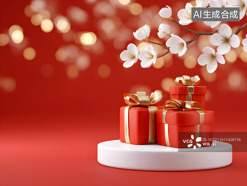 【AI数字艺术】红色背景上几个包装精美的礼盒图片素材
