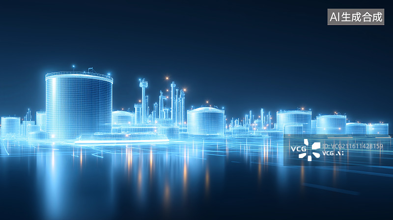【AI数字艺术】能源科技背景——抽象蓝色发光LNG液化天然气储备罐图片素材