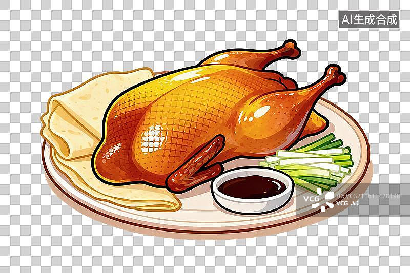 【AI数字艺术】卡通风格，美味的北京烤鸭PNG格式的免扣元素图片素材