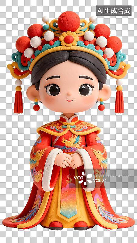 【AI数字艺术】3D穿中式服装的新娘   头戴凤冠身穿霞披的新娘图片素材