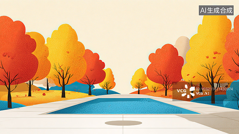 【AI数字艺术】秋日林间泳池景观图片素材