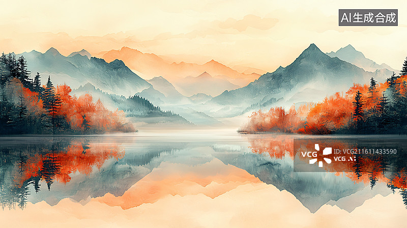【AI数字艺术】秋日山湖晨雾层叠峰林倒影图片素材