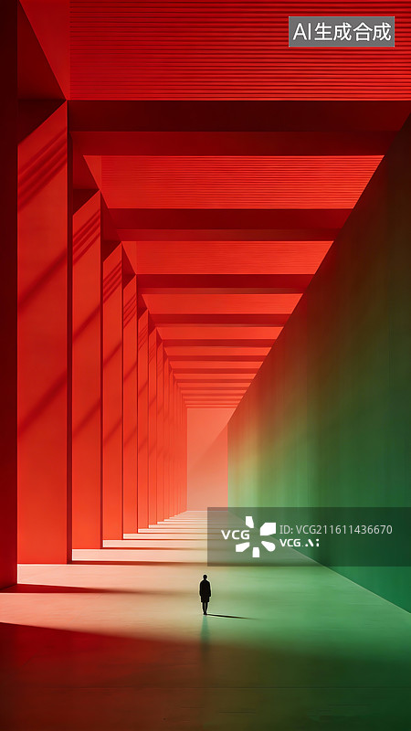 【AI数字艺术】极简风格，纵深感构图，抽象线条，整体红色渐变红绿色调，孤独的人走在阶梯上，光影特效强烈图片素材