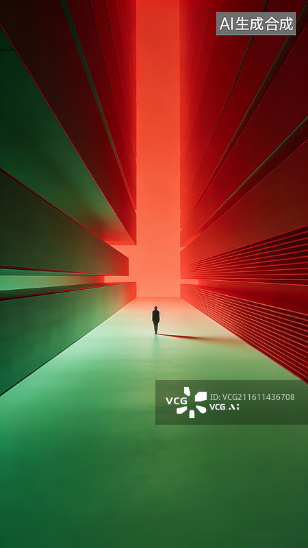 【AI数字艺术】极简风格，纵深感构图，抽象线条，整体红色渐变红绿色调，孤独的人走在阶梯上，光影特效强烈图片素材