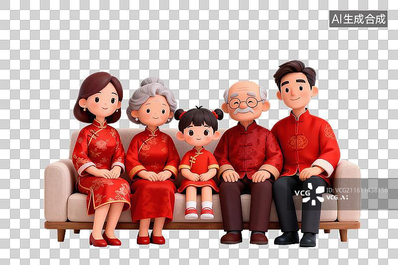 【AI数字艺术】卡通风格，坐在沙发上的全家福照片PNG格式的免扣元素图片素材