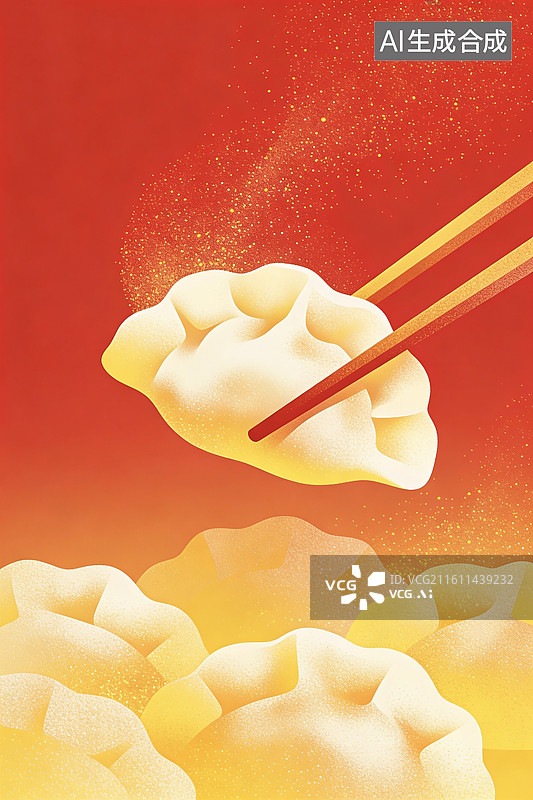 【AI数字艺术】中国传统文化节日庆典新年春节除夕年夜饭冬至元宵节东方食品美食小吃筷子夹饺子插画图片素材