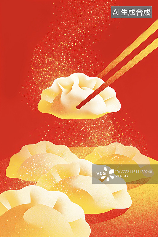 【AI数字艺术】中国传统文化节日庆典新年春节除夕年夜饭冬至元宵节东方食品美食小吃筷子夹饺子插画图片素材