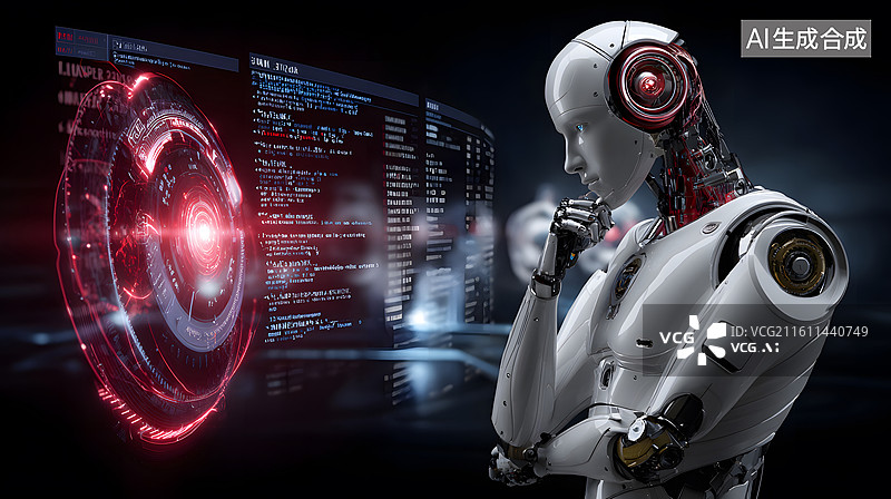 【AI数字艺术】人形机器人注视屏幕代码与运算界面图片素材