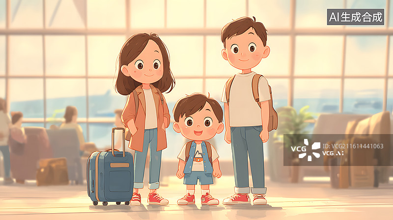 【AI数字艺术】候机厅中的家庭三人图片素材
