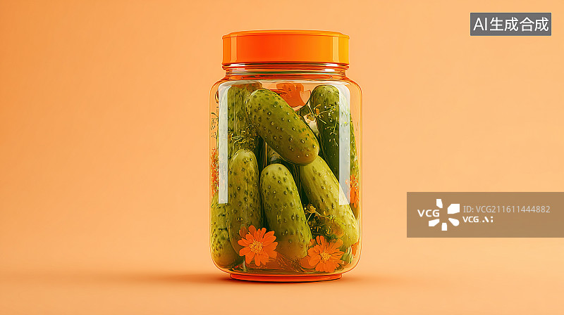 【AI数字艺术】橙色背景下带枫叶装饰的腌黄瓜玻璃罐图片素材