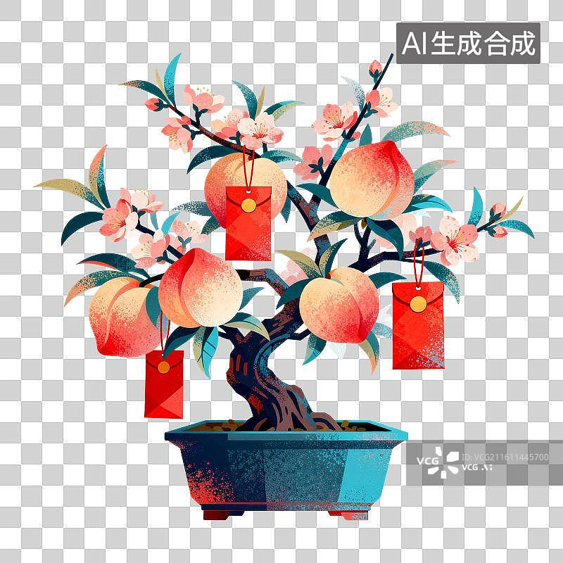【AI数字艺术】春天桃子树盆栽插画图片素材
