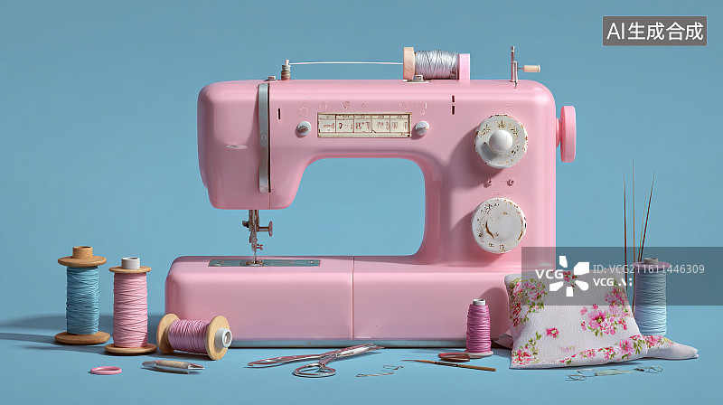【AI数字艺术】粉色复古缝纫机与缝纫工具 3D 场景图片素材