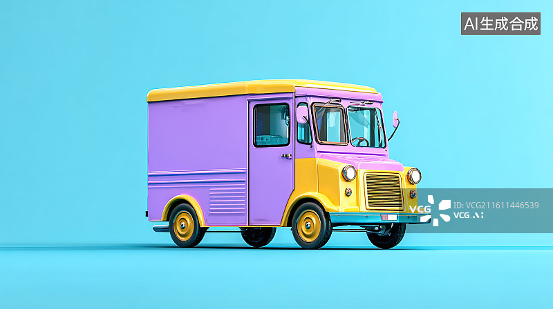 【AI数字艺术】黄紫撞色复古移动餐车 3D 展示图片素材