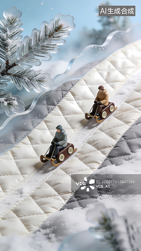 【AI数字艺术】绗缝布料作雪坡的微缩雪橇场景，配松枝，创意冬景质感柔和，适配装饰设计。图片素材