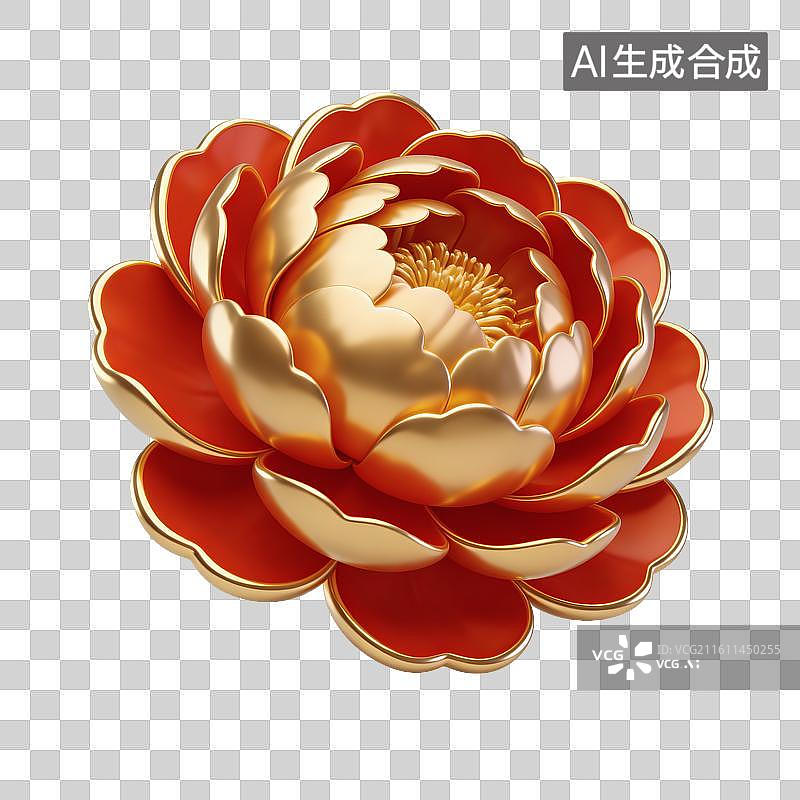 【AI数字艺术】3D金色与红色珐琅中国元素—牡丹花图片素材