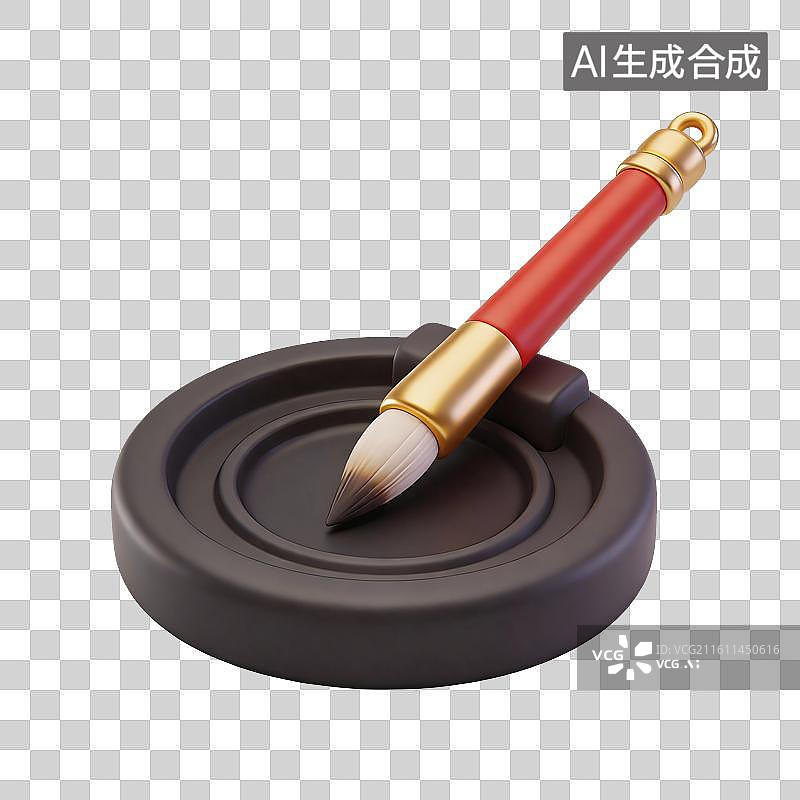 【AI数字艺术】3D金色与红色珐琅中国元素—笔砚图片素材