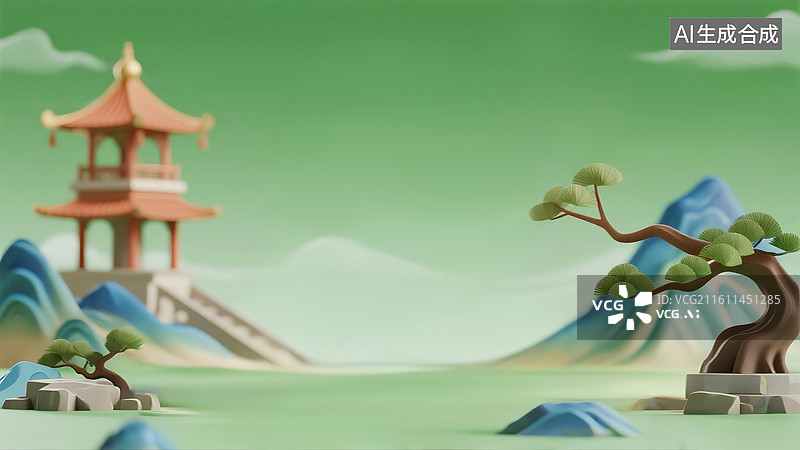 【AI数字艺术】国潮3D插画绿色山图片素材