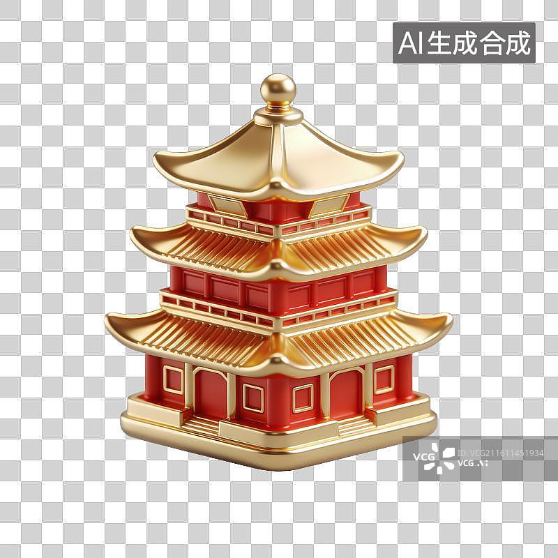 【AI数字艺术】3D金色与红色珐琅中国元素—楼阁图片素材
