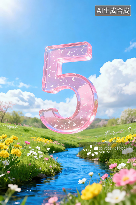 【AI数字艺术】透明数字五悬浮于花田溪流之上图片素材
