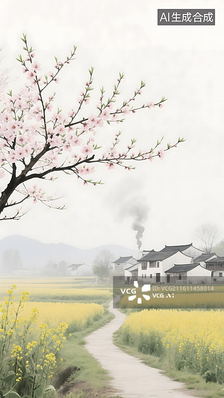 【AI数字艺术】AIGC：春天盛开的油菜花田和远处乡村的袅袅炊烟，春天自然风光，背景壁纸图片素材