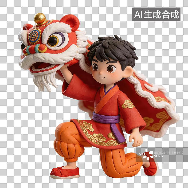 【AI数字艺术】3D立体中国风舞狮的少年元素图片素材