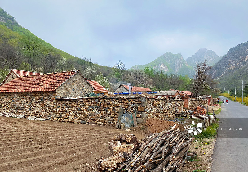 大连天门山国家森林公园乡村民居石头房子春游图片素材