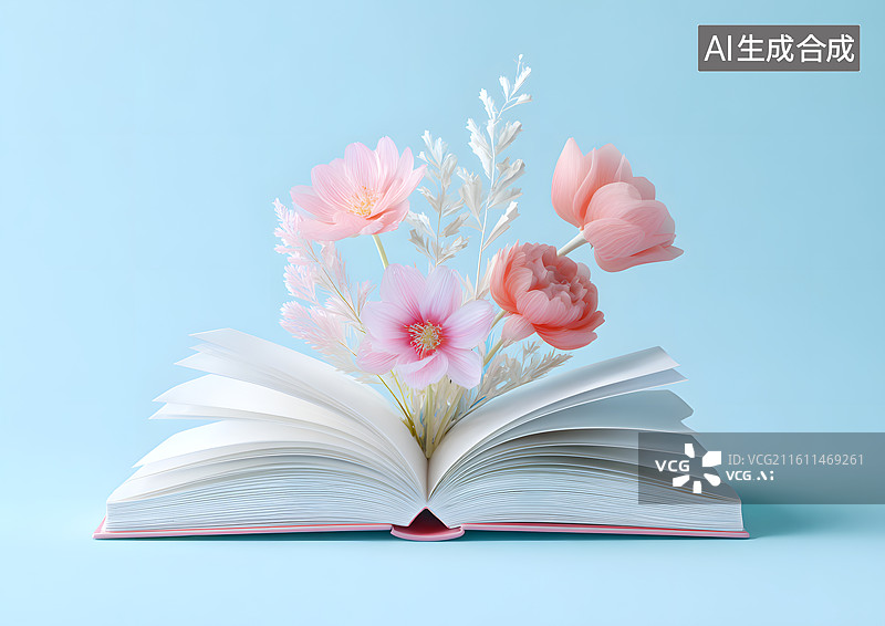 【AI数字艺术】打开的书本上开出漂亮的鲜花图片素材