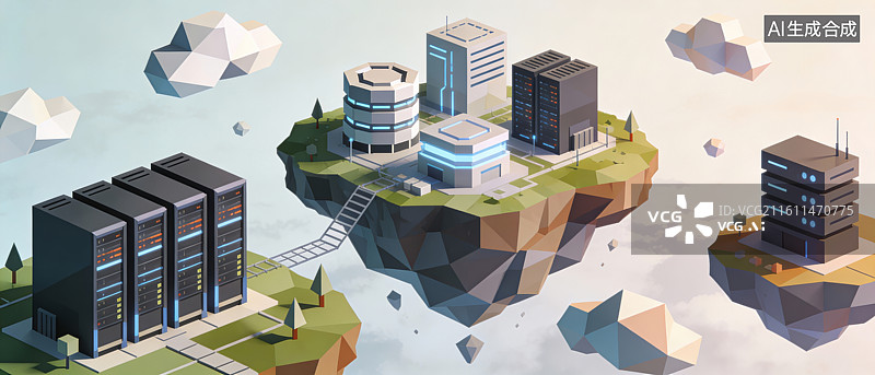 【AI数字艺术】浮空岛低多边形建筑与服务器图片素材