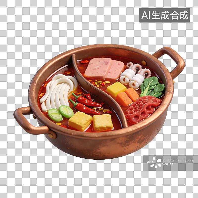 【AI数字艺术】3D立体铜制鸳鸯锅火锅中多样食材元素图片素材