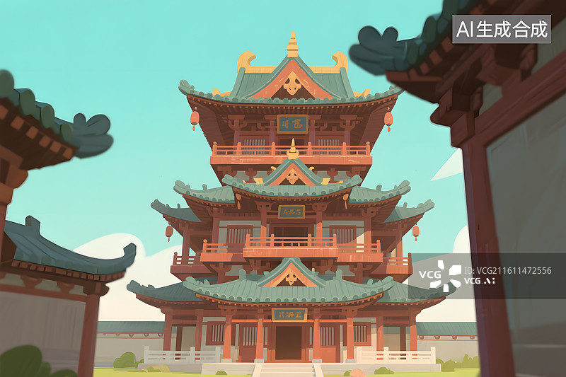 【AI数字艺术】卡通中国古风塔图片素材