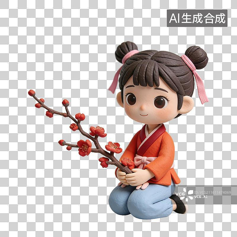 【AI数字艺术】3D立体梳着双发髻的女孩手持一枝红梅枝元素图片素材